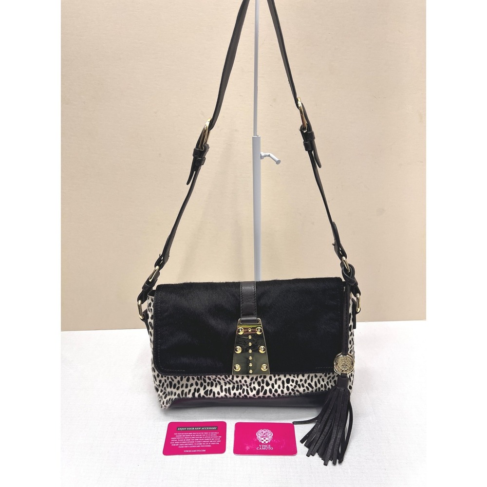 Vince Camuto Shoulder Bag Women Medium Black Leopard Excellent Calf Hair Tassel